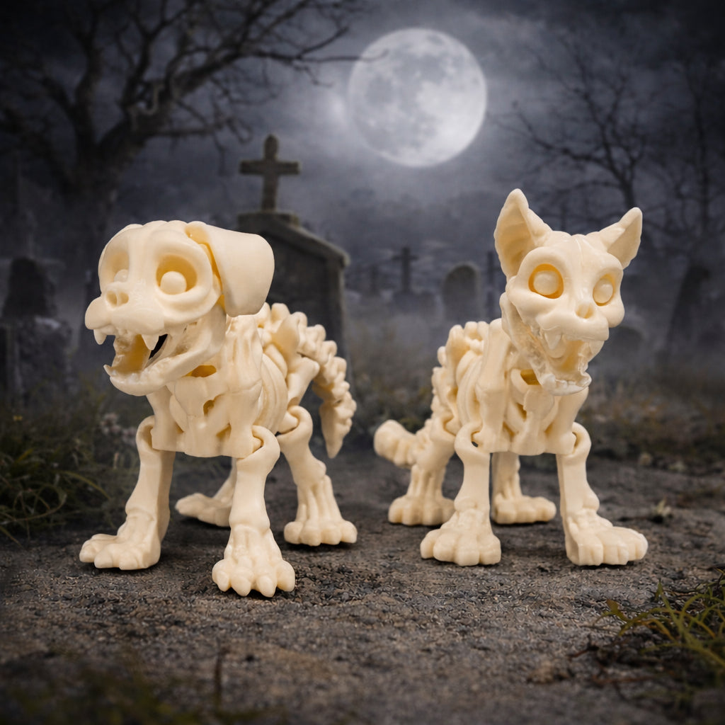 Articulated animal skeleton toys featuring a poseable skeleton dog and cat, displayed standing side by side on a dark ground with a moody nighttime graveyard background and full moon.