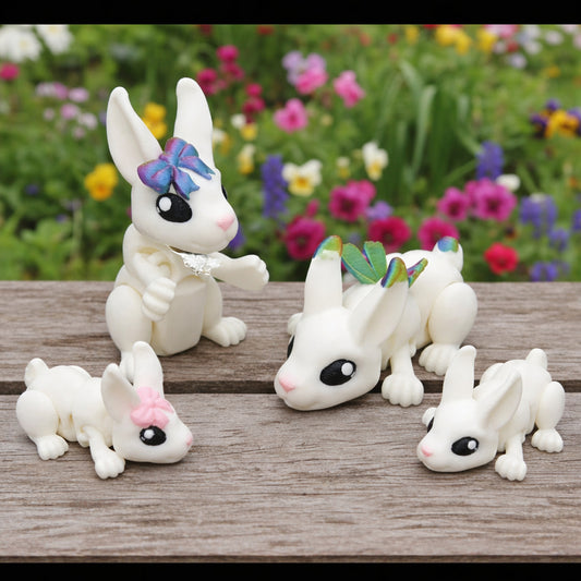 Articulated baby bunny toys posed on a wooden surface, featuring small white rabbit figures with colorful bows and leaf accents, displayed outdoors with a blurred flower garden background.
