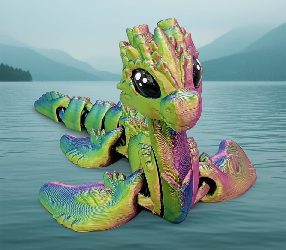 Articulated baby Nessie toy in rainbow colors sitting in water with mountains in the background, flexible 3D printed Loch Ness style creature toy and collectible
