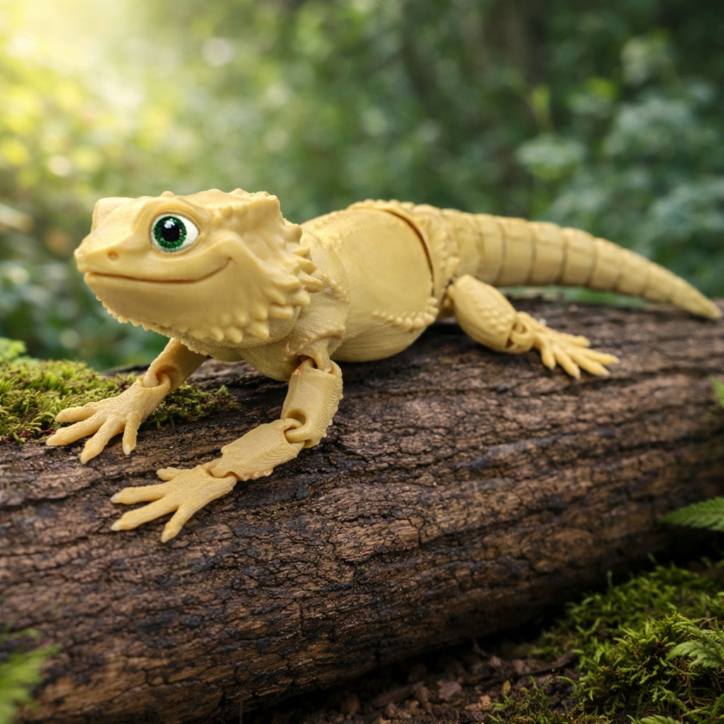 Articulated bearded dragon toy posed on a moss covered log outdoors, shown in beige with textured scales, jointed limbs, and a segmented tail against a blurred green forest background