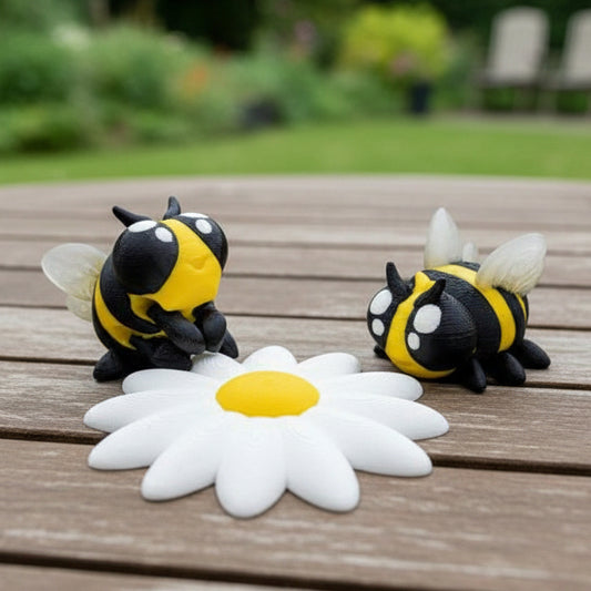 Articulated bumblebee fidget toy shown in black and bright yellow with white wings and large white eyes, paired with a white flower base featuring a yellow center. Fully posable, playful, and customizable in color. Ideal for desk decor, sensory fidgeting, or gifting.