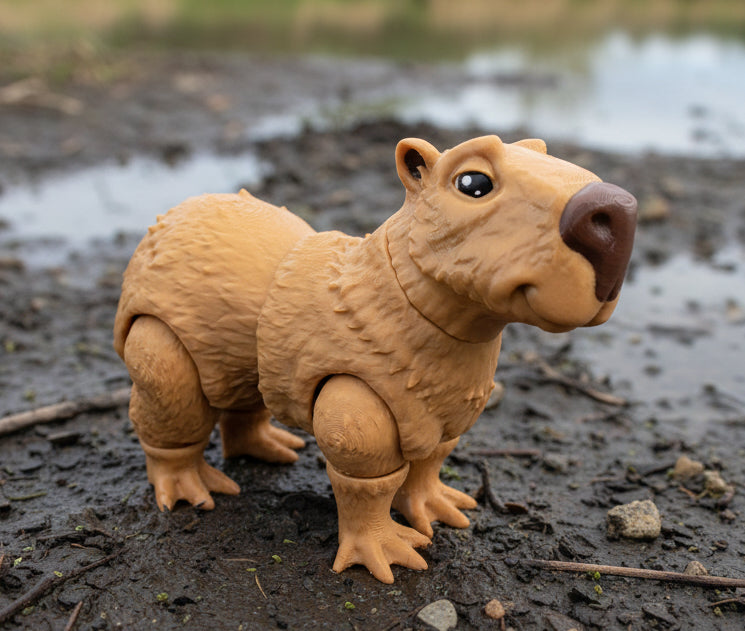 Articulated capybara toy featuring a realistic 3D printed capybara with textured fur movable joints and rounded features shown outdoors on natural ground for play display or animal themed gifts