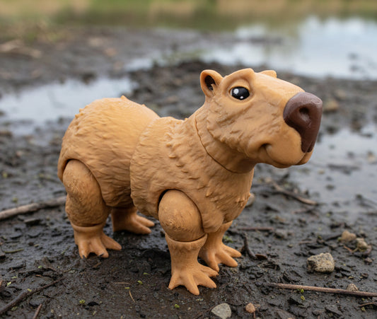 Articulated capybara toy featuring a realistic 3D printed capybara with textured fur movable joints and rounded features shown outdoors on natural ground for play display or animal themed gifts