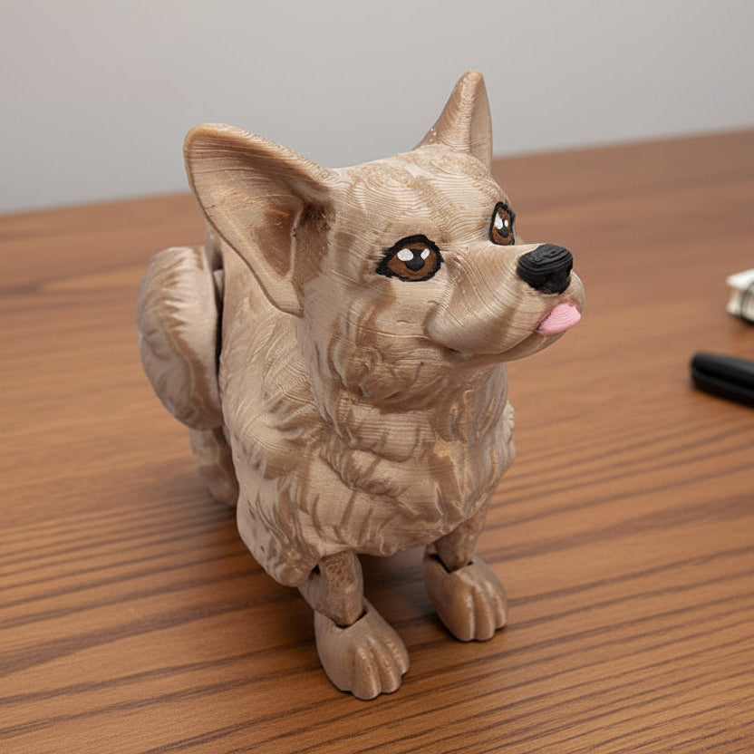 Articulated corgi fidget toy shown in tan and light brown with detailed fur texture, dark eyes, black nose, and pink tongue. Fully posable with customizable colors available. Perfect for stress relief, desk decor, or gifting.