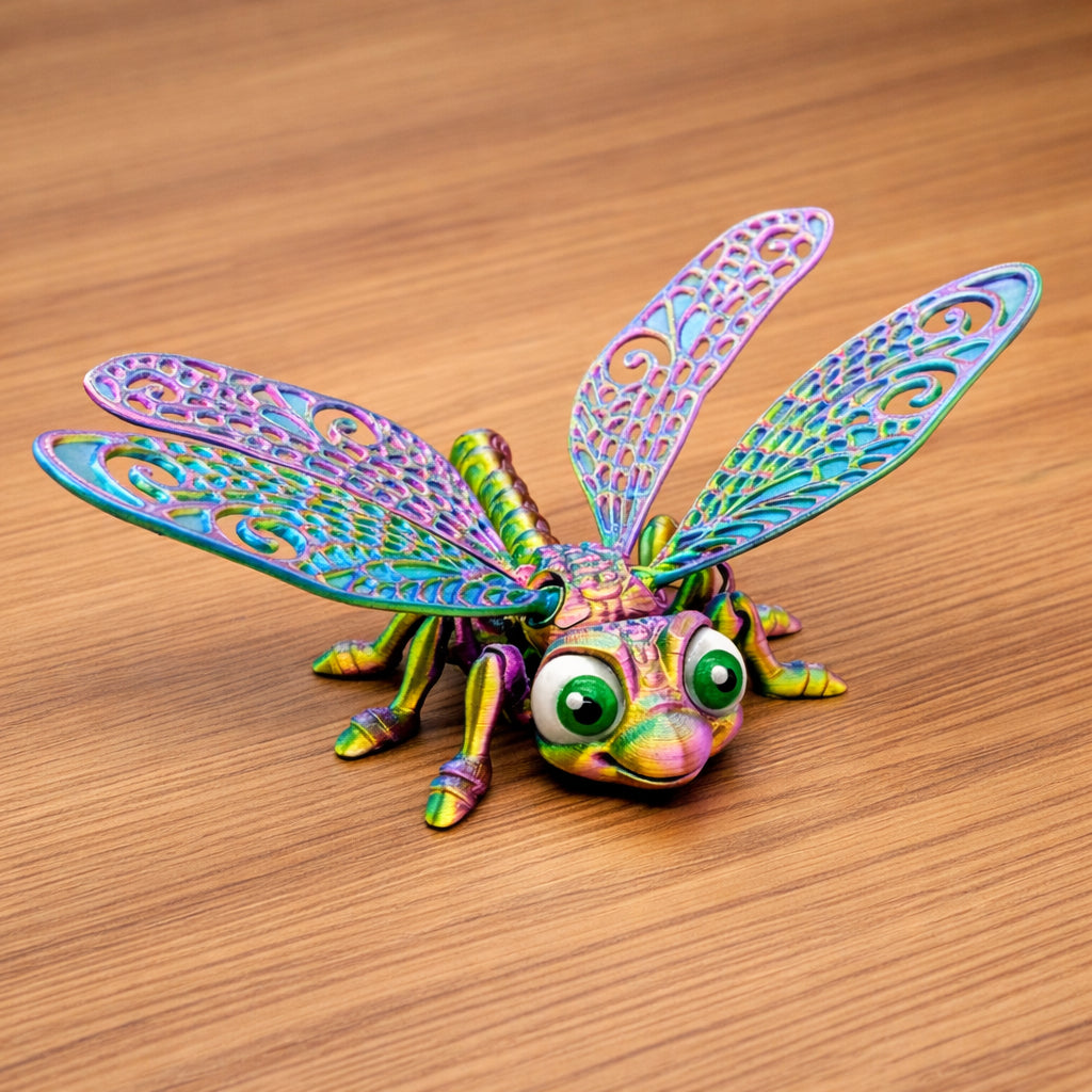 Colorful articulated dragonfly toy with vibrant rainbow wings and green eyes resting on a wooden surface