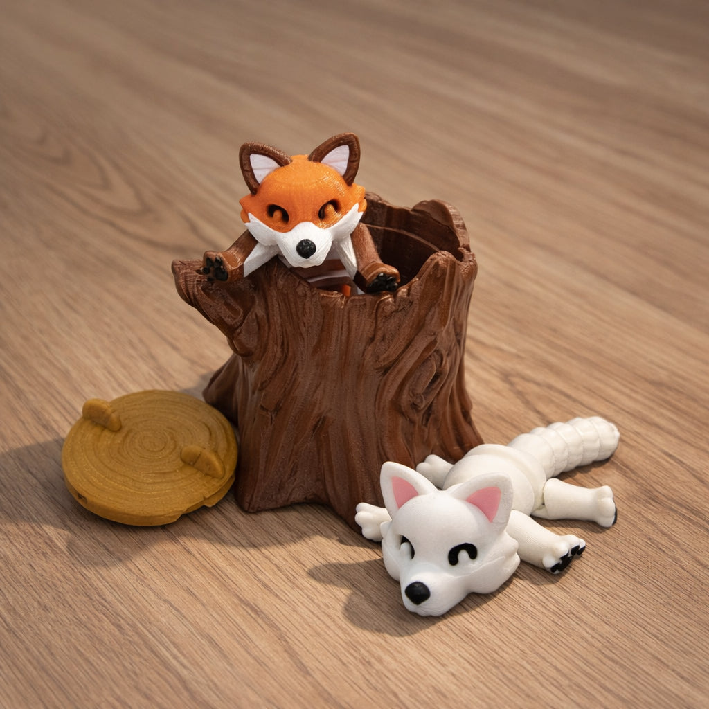 Articulated fidget fox and arctic fox toys displayed on a wooden surface, featuring an orange fox with white face markings and brown accents peeking from a brown tree hollow, and a white arctic fox with pink ears and black nose lying beside it. Includes optional brown tree hollow accessory with removable locking lid. Colors and finishes customizable.