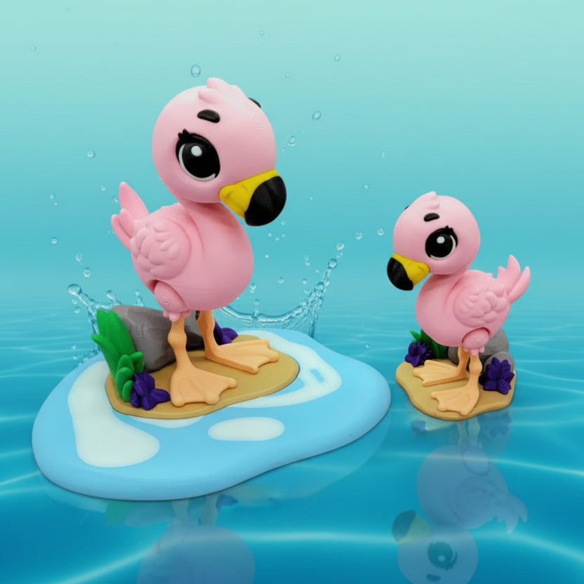 Articulated flamingo toy displayed with an optional water style stand, featuring a cute cartoon design and customizable color options