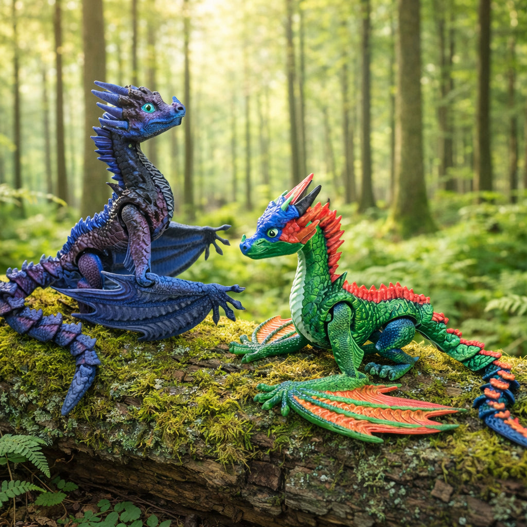 Articulated fantasy dragon toys in custom blue, purple, green, and red colors posed on a mossy forest log