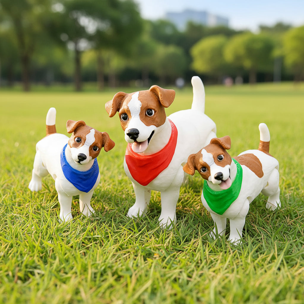 Articulated Jack Russell toy dogs in small and big sizes with customizable bandanas displayed on green grass outdoors