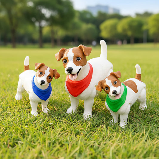Articulated Jack Russell toy dogs in small and big sizes with customizable bandanas displayed on green grass outdoors