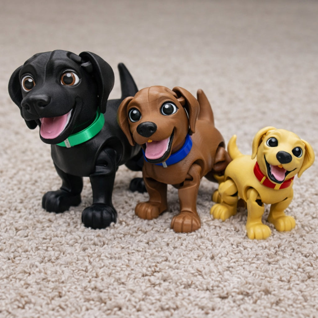 Three articulated lab puppy toys standing on a beige carpet, shown as a black puppy with a green collar, a brown puppy with a blue collar, and a yellow puppy with a red collar, each with open mouths and visible tongues