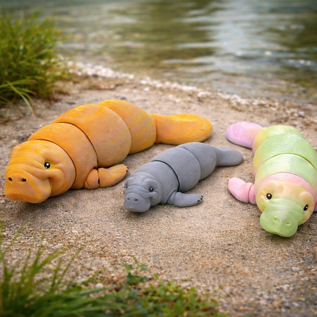 Articulated manatee toy figures in multiple colors resting on sandy shoreline near water, featuring segmented posable bodies and rounded faces.