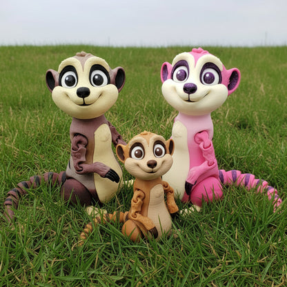 Three 3D printed articulated meerkat toys in brown, tan, and pink standing in green grass, featuring movable joints and detailed 3D printed textures.