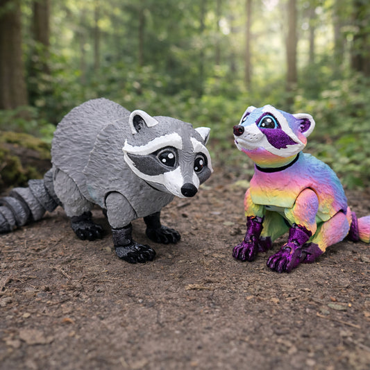 Articulated raccoon toy figures posed on a forest floor background, featuring one realistic gray raccoon and one colorful rainbow raccoon with detailed eyes and segmented joints.
