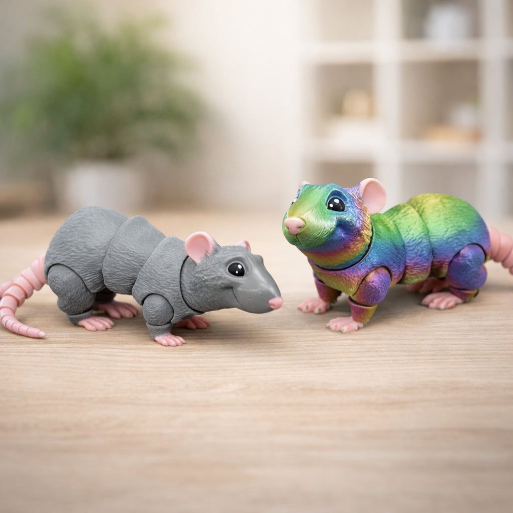Articulated rat toy with flexible segmented body, shown in gray and rainbow color variants on a neutral indoor background
