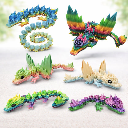 Articulated rose dragon toys with flexible segmented bodies and sculpted rose details, displayed in multiple color variations on a clean background
