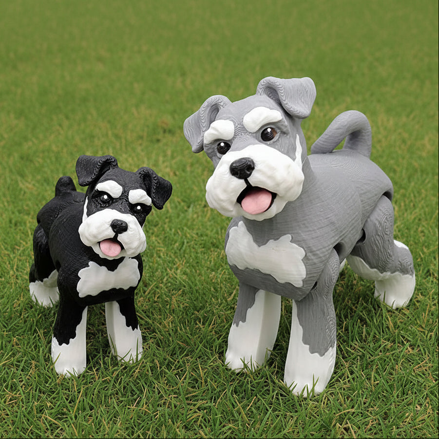 Articulated 3D printed Schnauzer dog toys in black and gray with movable joints on a grass surface - custom fidget toys for dog lovers