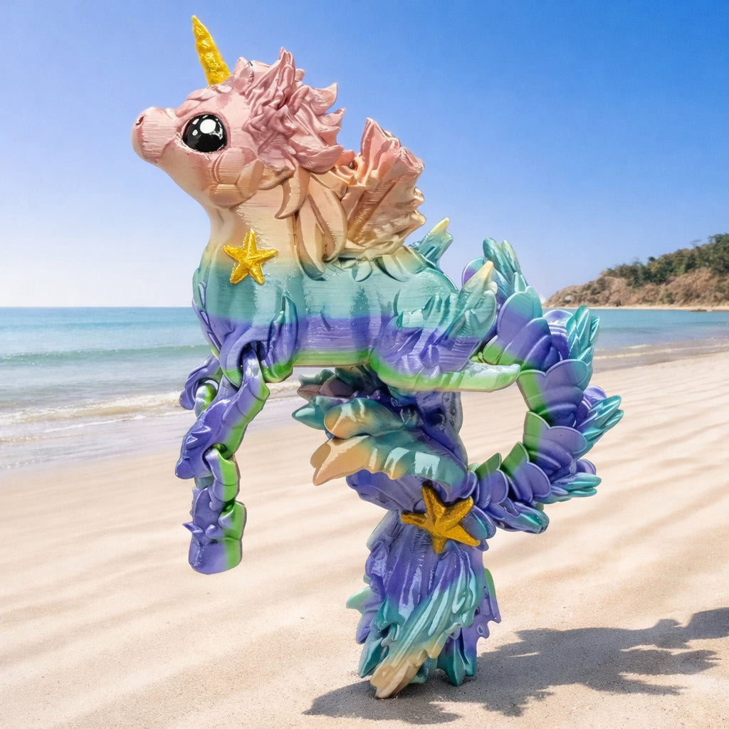 Articulated sea horse toy with pastel rainbow colors and unicorn horn standing on sandy beach with ocean and blue sky background