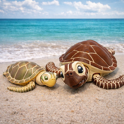 Two articulated sea turtle toys, one light olive green with tan shell and one dark brown with cream shell, displayed side by side on a sandy beach themed background