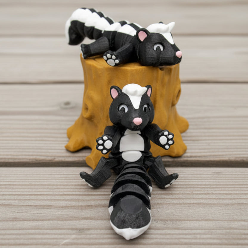 Articulated Skunk Fidget Toy with Tree Hollow – Poseable Woodland Desk Toy