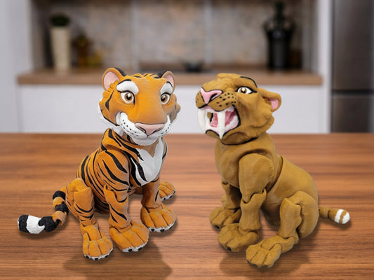 Articulated posable tiger and sabertooth toys in orange black tan and brown colorways. Fully customizable 3D printed animal figures made to order.
