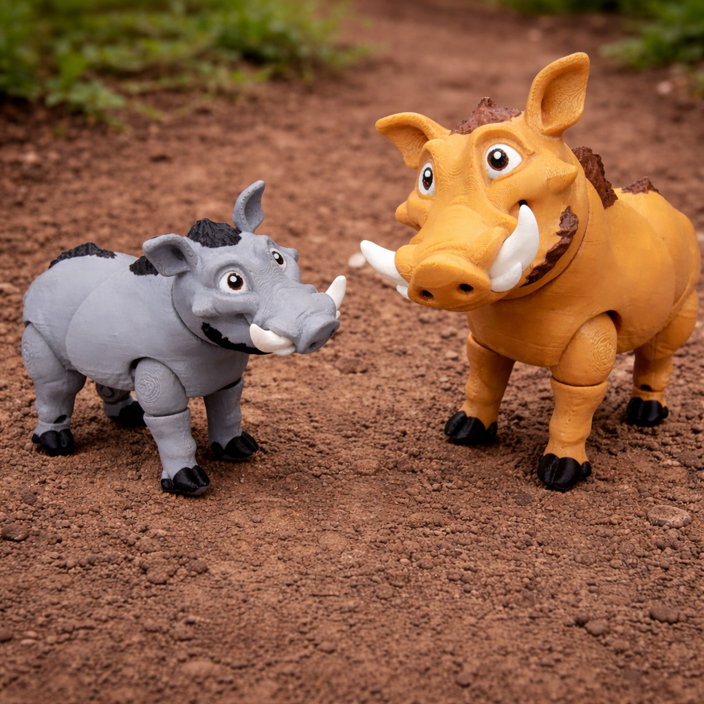 Articulated warthog toy figures in gray and tan with white tusks and expressive eyes, posed on a reddish brown dirt ground with a soft green outdoor background.