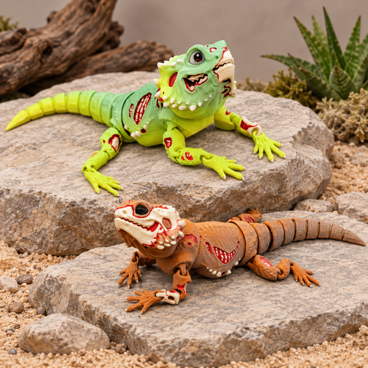 Two articulated zombie bearded dragon toys, one green and yellow with eyes and one brown with empty eye sockets, posed on rocks with exposed bone details.
