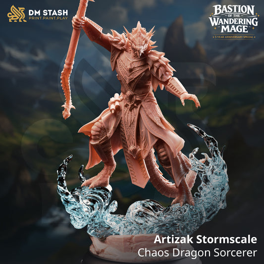 Artizak Stormscale Chaos Dragon Sorcerer resin miniature by DM Stash for D&D and tabletop RPGs, printed by D&K Custom Prints.