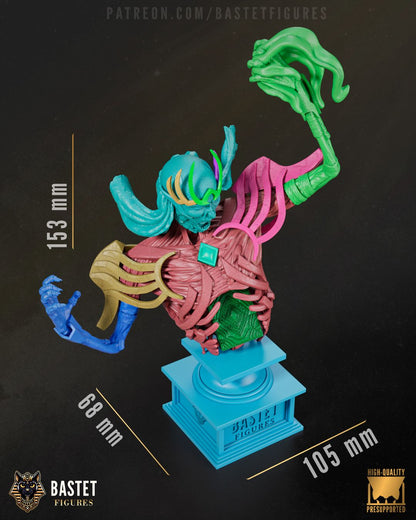 Resin bust of Vecna the Archlich, featuring skeletal arms, crown, and spell tome, standing 153mm tall.