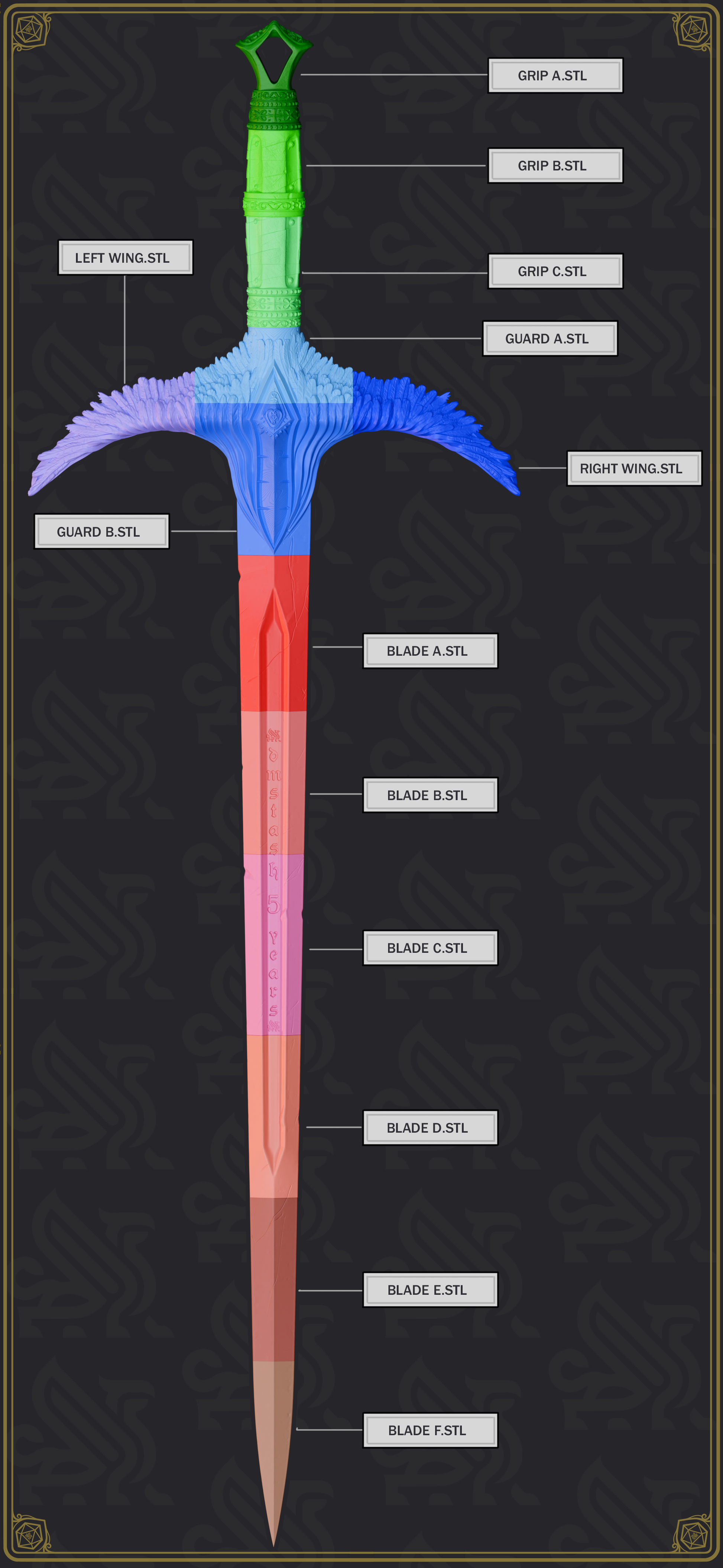 Visual guide showing the modular segments of the 'Truth and Justice' life-size prop sword kit.