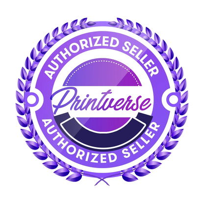 Purple and white Printverse Authorized Seller badge with laurel wreath border – certification seal for approved 3D print merchants.