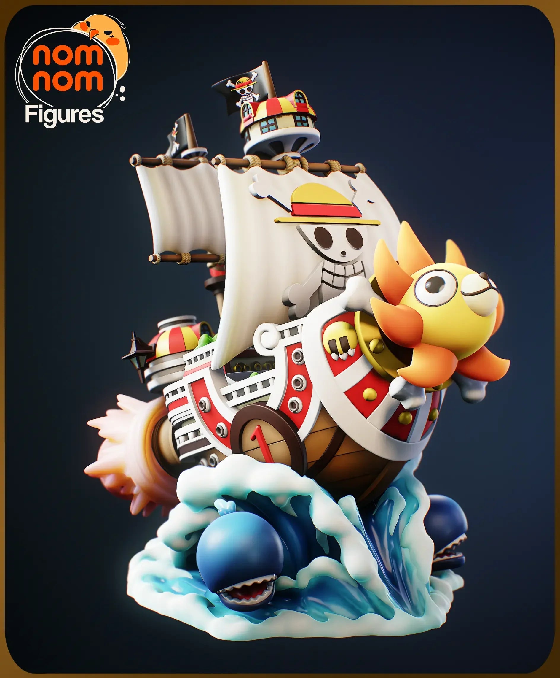 Chibi Thousand Sunny One Piece ship digital render with waves