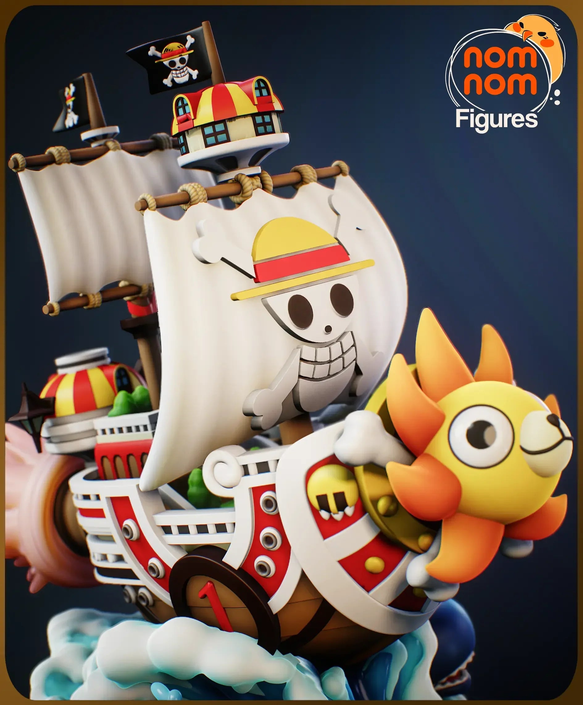 Chibi Thousand Sunny One Piece figure color render showing flags