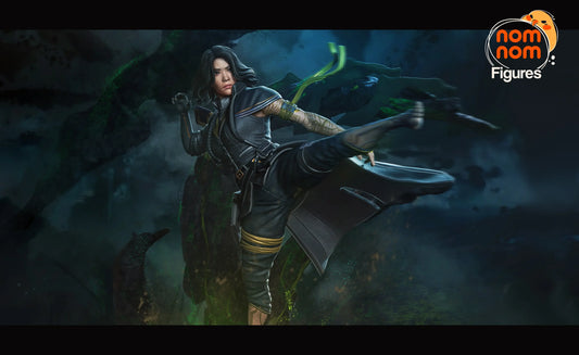 Lune full character render with dark fantasy background – Nomnom Figures