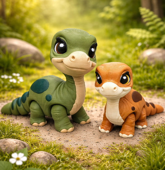 Baby brachiosaurus toy with rounded features and large eyes, small dinosaur figure posed outdoors on a natural path background