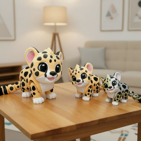 Baby cheetah toy figurines displayed in three sizes on a wooden table, featuring a cute cartoon style with customizable color options