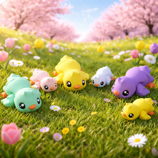 Colorful baby chick toys in pastel yellow, purple, green, pink, and white posed on green grass with spring flowers and cherry blossom trees in the background
