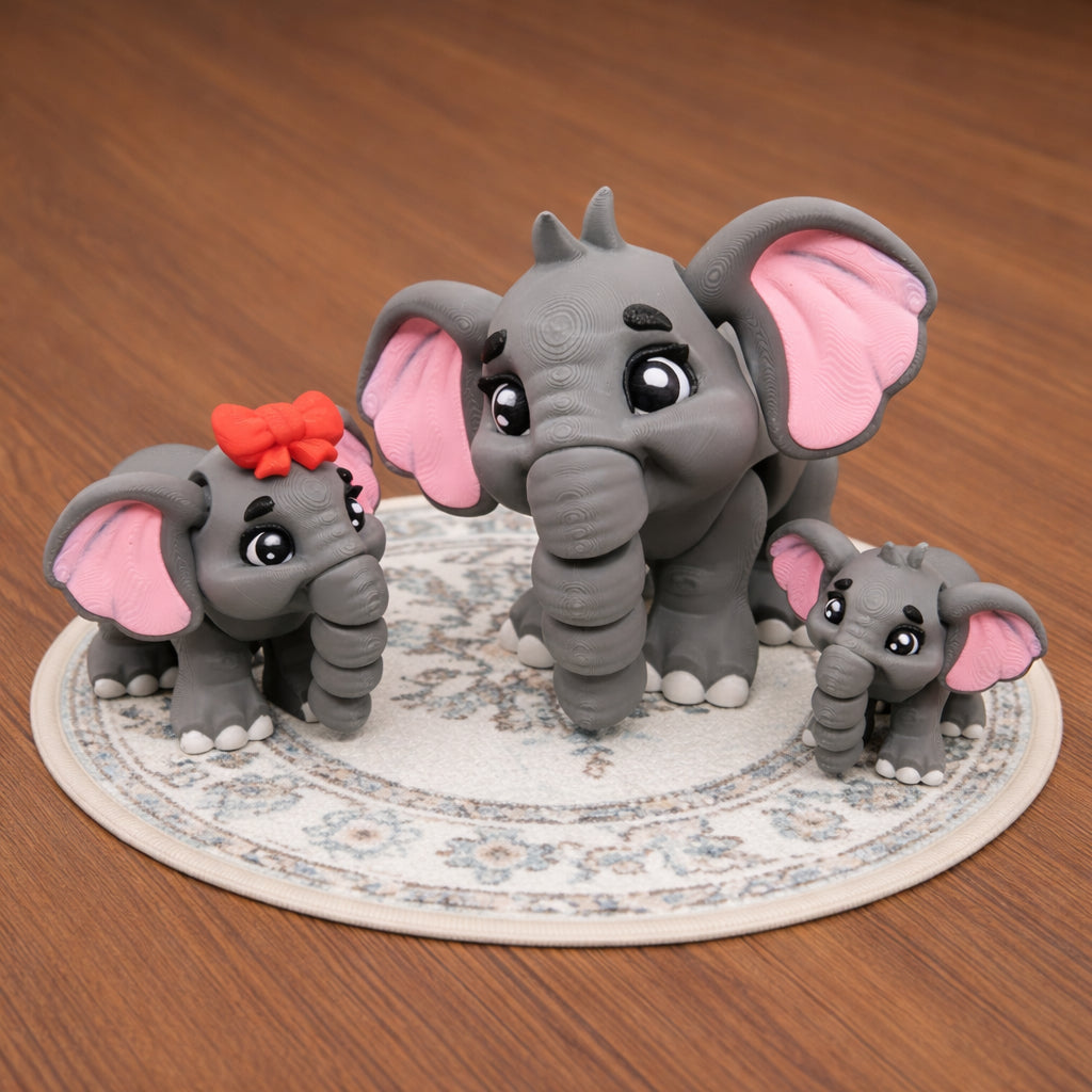 Gray baby elephant toy figures with pink ears in three sizes, including standard elephant and bow elephant styles, displayed on a tabletop