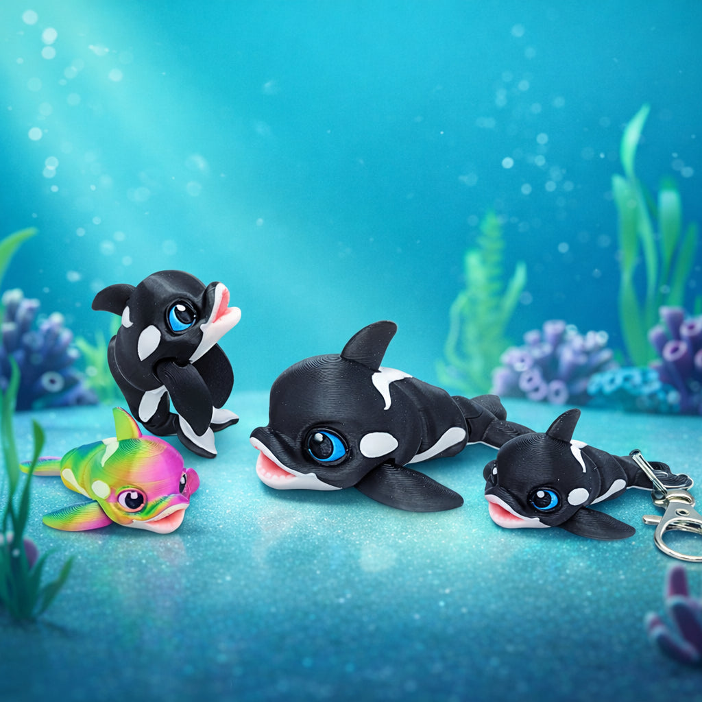 Articulated baby orca fidget toys and keychain in black and white with bright blue eyes, shown in an underwater scene with optional custom color variations available
