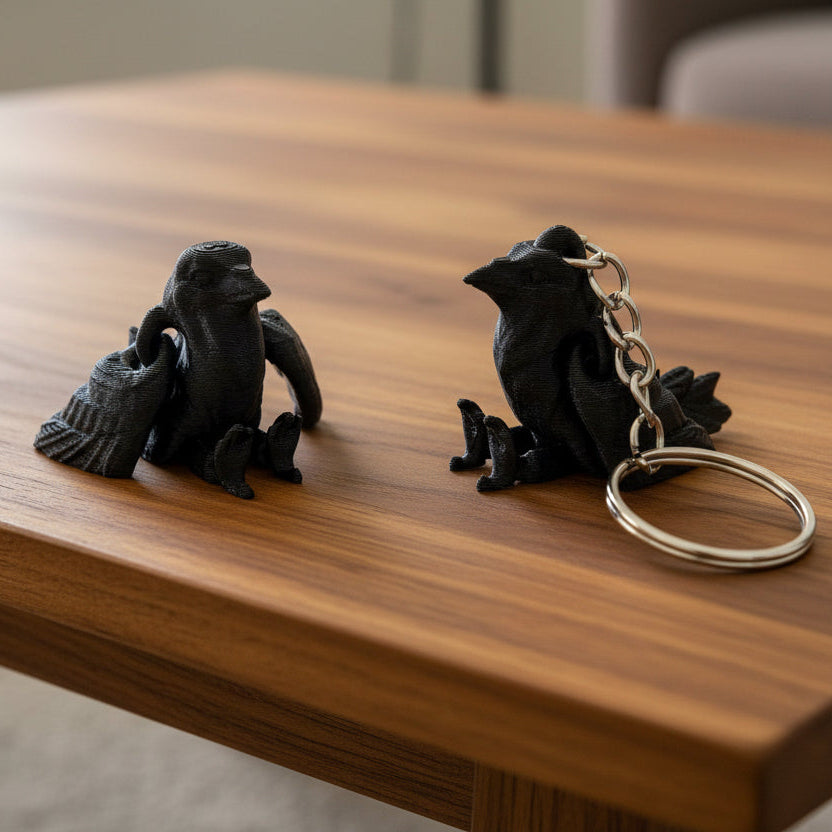 Baby raven toy keychain or earrings featuring small black 3D printed raven figures with detailed wings shown on a brown surface including a keychain attachment and miniature bird design for accessories gifts or display