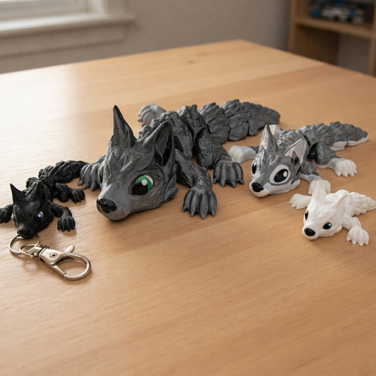 Articulated baby wolf toy figures in gray, white, and black posed on a wooden tabletop, including a small wolf keychain version with metal clasp, shown in a cozy indoor setting.