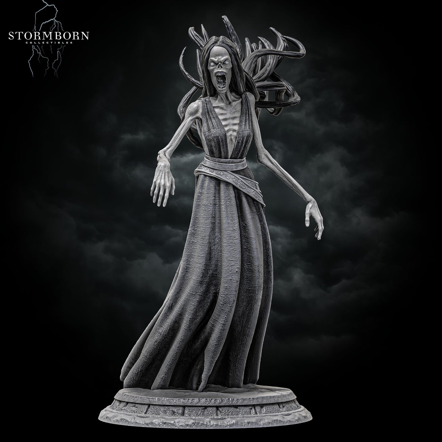 Banshee miniature front view with streaming hair and open-mouthed scream