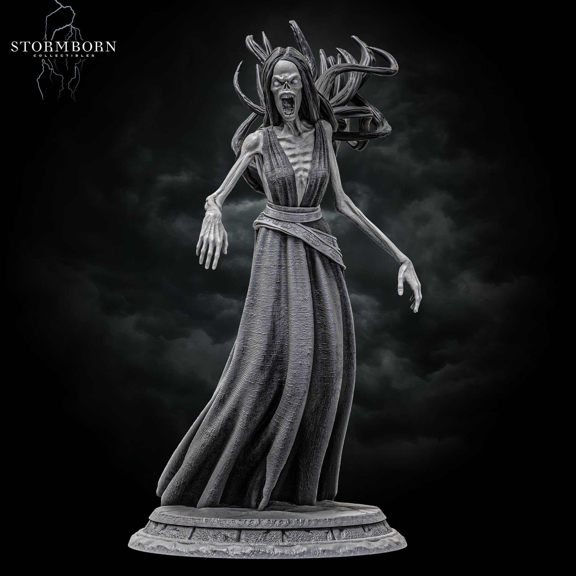 Banshee miniature front view with streaming hair and open-mouthed scream