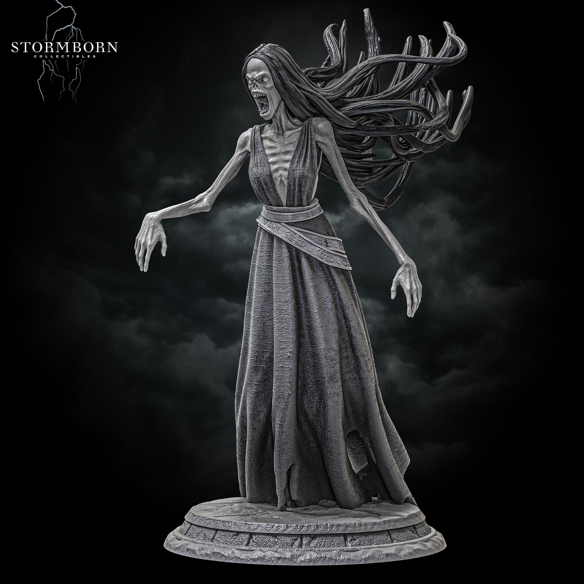 Full front angle of Banshee miniature standing on stone-style base