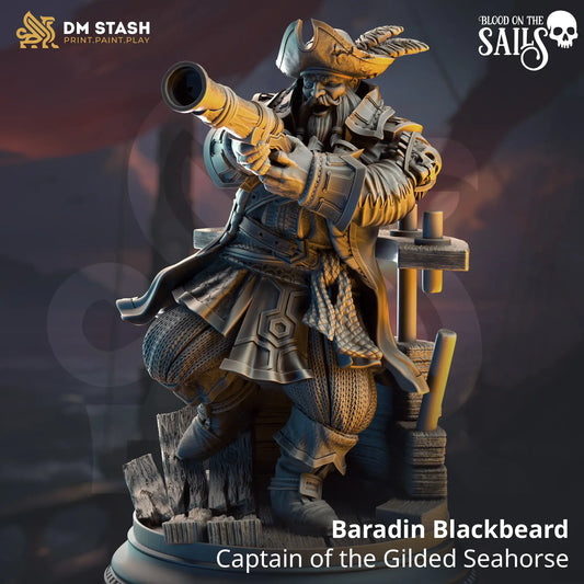 Baradin Blackbeard pirate miniature firing cannon on ship deck for TTRPG