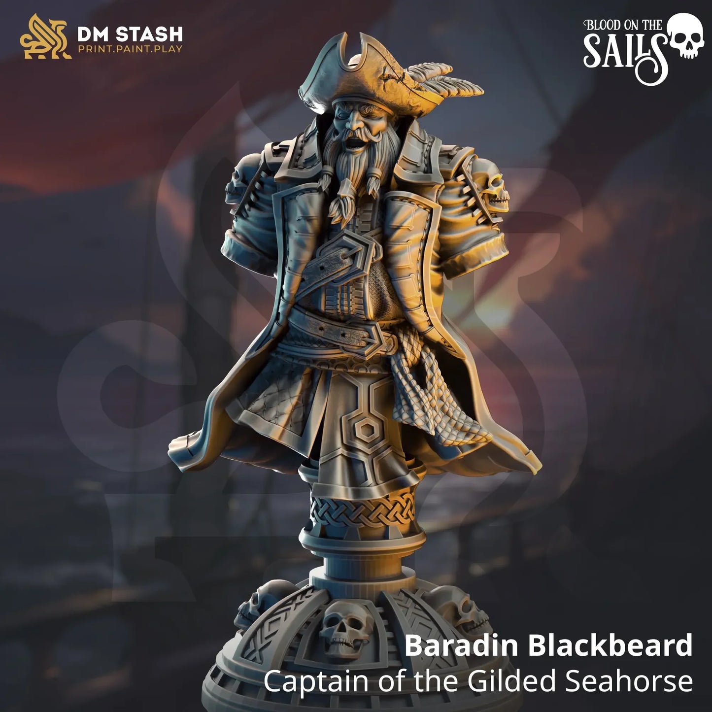 Baradin Blackbeard bust with feathered hat, braided beard, and skull base for display