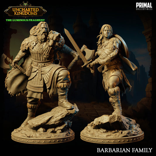 Resin miniatures of Kara and Fegur, barbarian champions available in 32mm and 75mm scales for TTRPGs and collectors.