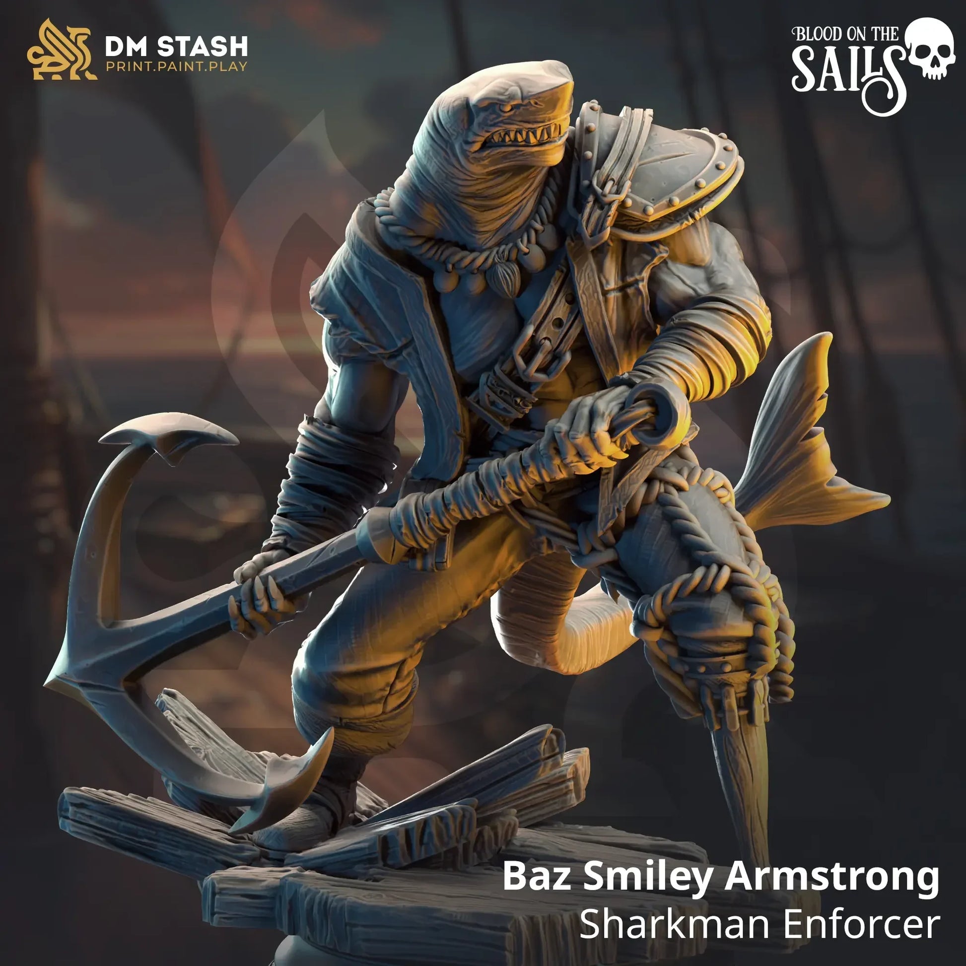 Baz Smiley Armstrong Sharkman Enforcer miniature for D&D, great white shark pirate TTRPG figure
