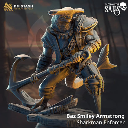 Baz Smiley Armstrong Sharkman Enforcer miniature for D&D, hammerhead shark pirate TTRPG figure