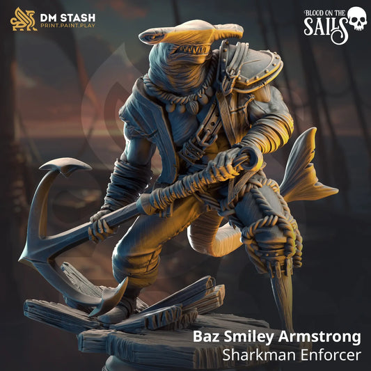Baz Smiley Armstrong Sharkman Enforcer miniature for D&D, hammerhead shark pirate TTRPG figure